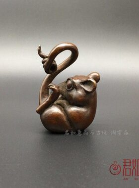 实心铜生肖老鼠香插摆件可爱铜老鼠创意长尾巴小老鼠铜雕件茶宠