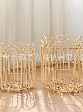 天然真藤带铁框收纳篮家用杂物玩偶小物收纳筐带提手置物篮脏衣篓