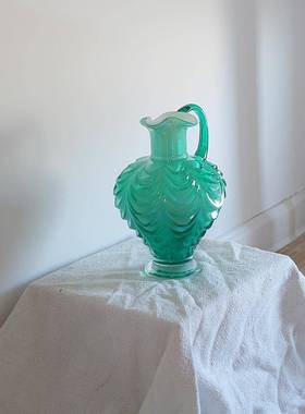 中古绿色帷幔单耳水升花瓶水罐家居装饰摆件