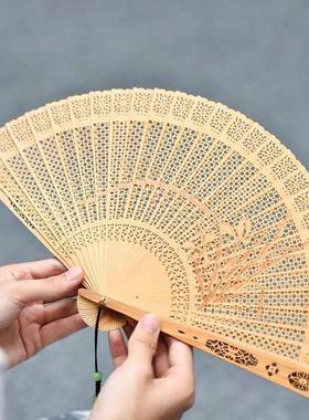 印度老山檀香木扇子苏工扇镂空雕兰花女士古风扇子古典中国风折扇