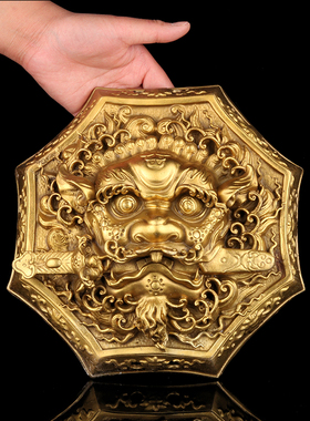 纯铜睚眦狮咬剑牌八角狮吞口剑牌铜狮子头挂牌镇宅家居办公室礼品