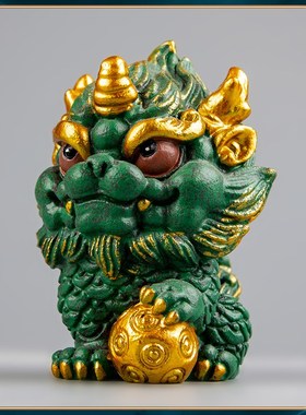 青砂石国潮风麒麟绣球动物摆件创意家居客厅桌面鱼缸造景装饰摆设