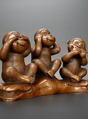 紫铜三不猴摆件铜猴子生肖礼品不听不看不说家居客厅办公桌摆设