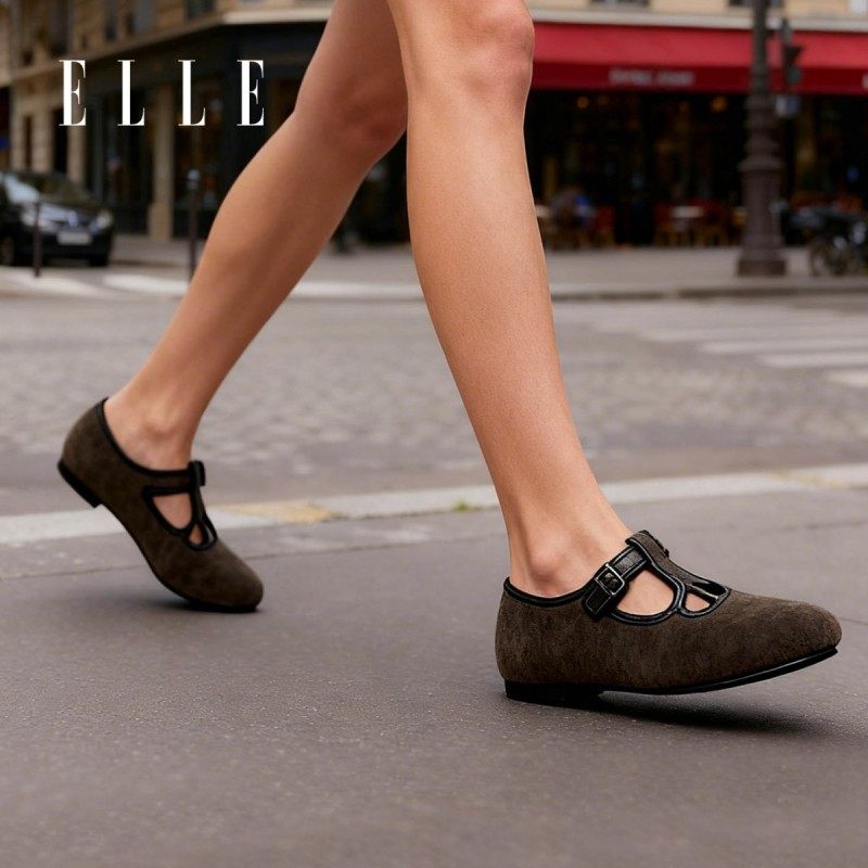 ELLE复古反绒皮玛丽珍鞋女平底浅口一字扣单鞋棕色2026新款春,淘宝优惠券,粉丝福利购,淘宝优惠卷