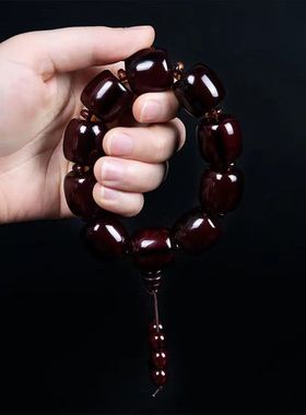 西藏牛角佛珠牦牛角手链文玩黑血红带丝补血 补气手串手持车挂