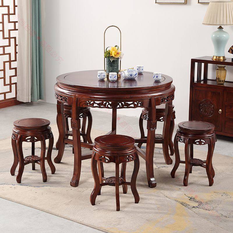 中式仿古实木古典餐桌餐桌椅小户型圆桌圆形榆木家用组合雕花新款,淘宝优惠券,粉丝福利购,淘宝优惠卷