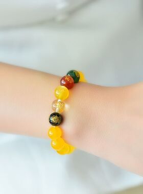 五路财神招财开运黄玉髓玛瑙本命佛手链五行珠水晶十二生肖属相