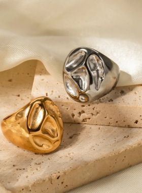 eManco钛钢不掉色电镀18K日韩INS网红女新款镀金熔岩凹陷戒指饰品