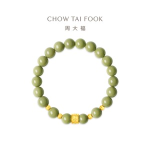 周大福简约百搭竹叶足金黄金石英质玉宝石手串EOR1497男士礼物