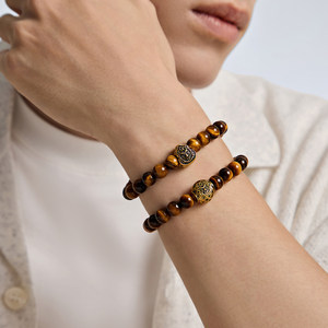 【圣诞礼物】周大福貔貅葫芦钱币黄财神足金黄金虎睛石手串男士