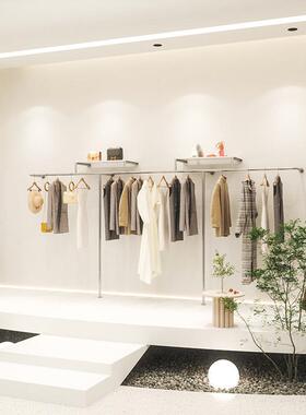 女装店上墙带板挂衣杆不锈钢货架落地挂衣架陈列架子服装店展示架