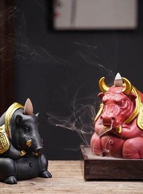 创意中式b陶瓷牛气冲天茶宠牛摆件家用香熏炉室内桌面摆设