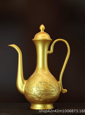 浮雕龙凤高酒壶荷花铜壶工艺品摆件全黄铜轻奢高档家居装饰送礼品