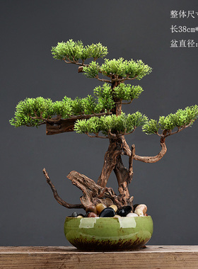 新中式迎客松盆景摆件仿真绿植大盆栽客厅玄关茶几桌面大厅装饰品