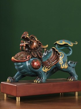 彩绘貔貅摆件一对全黄铜皮丘貔z恘招财办公室客厅装饰开业礼铜貔
