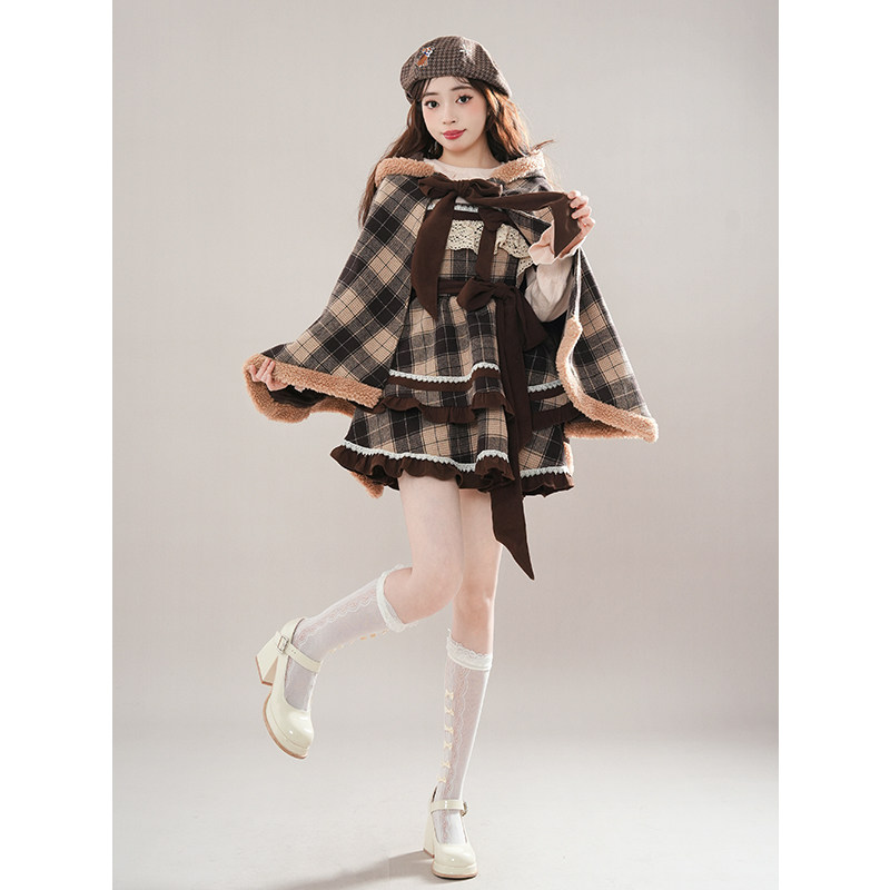 咖色格子夹棉斗篷连帽毛呢保暖披风女+咖格蛋糕裙+粉杏花边上衣,淘宝优惠券,粉丝福利购,淘宝优惠卷