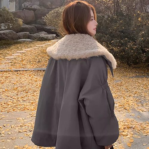 灰色大翻领90白鸭绒羽绒服女2025冬季新款保暖加厚小个子派克服 - 图1