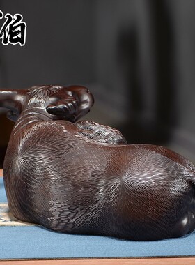 黑檀实木雕刻牛驮福鼠摆件旺运纳福家居客厅玄关办公室装饰工艺品