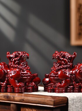 红色貔貅摆件花梨木雕刻公母一对皮丘工艺品实木家用开业乔迁送礼