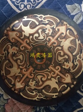 漆器彩绘古铜镜仿古汉代 老漆传世包浆青铜镜 大铜镜收藏鉴赏摆件