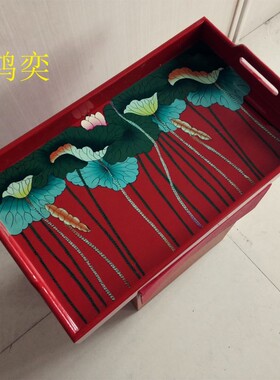 推光漆器茶盘实木手工彩绘漆器托盘木质大漆茶托手把餐盘果盘礼品