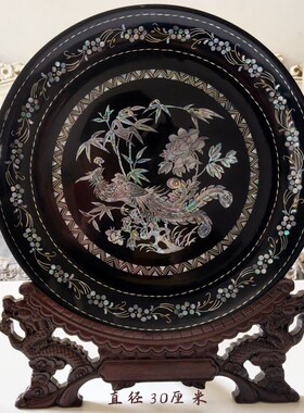 漆器贝壳镶嵌螺钿餐盘脱胎漆艺大碟漆盘手工制家居装饰品圆盘摆件
