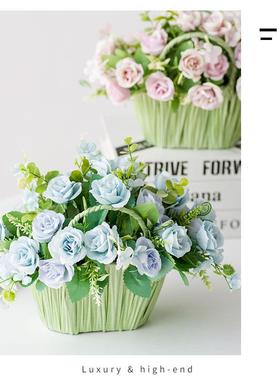 塑料花假花装饰品客厅仿真花家居创意摆设手提草编柳编小花篮摆件