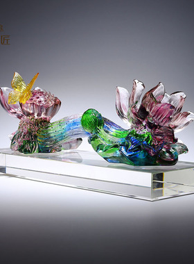 淄博琉璃如意蝴蝶水晶荷花摆件暖房礼物乔迁新居高档大气手工艺品