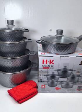 HK网纹深煎12件套6PCS锅具套装不粘汤锅麦饭石压铸锅炒锅