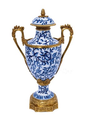 欧式古典青花陶瓷镶铜装饰奖杯摆件高档奢华家居客厅玄关柜设计师