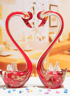 欧式轻奢琉璃天鹅摆件新房样板间客厅装饰结婚礼物玻璃动物工艺品