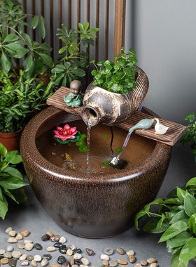 陶瓷鱼缸石槽古法养鱼水循环装饰陶罐流水造景摆件水池花园喷泉