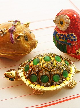 包邮可爱合金镶钻动物猫头鹰乌龟小壶首饰盒家居办公桌书桌摆件