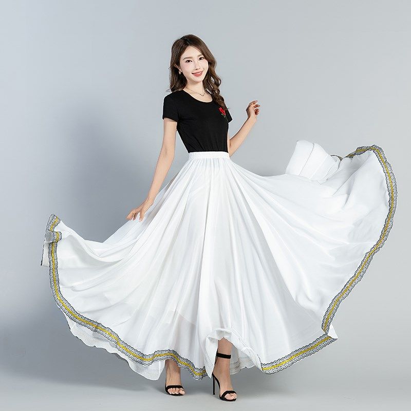 蕗依纯红色半身长裙女a字春夏雪纺显瘦新疆广场舞裙大摆720垂坠感,淘宝优惠券,粉丝福利购,淘宝优惠卷