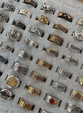 欧美工业a风男戒重工金属感个性开口戒古铜色西部牛仔风戒指十字