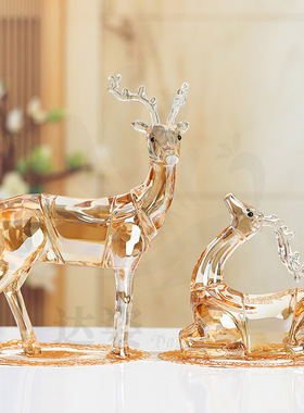 达姿水晶玻璃工艺品香槟色梅花鹿摆件创意高档送礼开业客厅装饰品