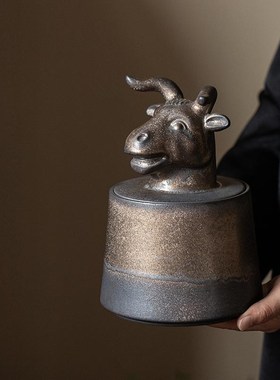 新中式酒店茶室样板间博古架高端茶道摆件陶瓷Q茶具茶叶罐十二生