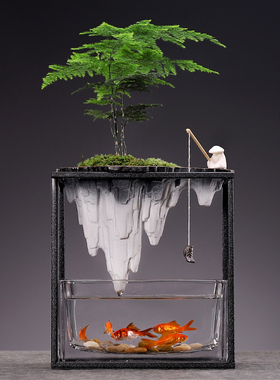 中式绿植盆栽摆件客厅玻璃小鱼缸造景地柏植物文竹办公室桌面装饰