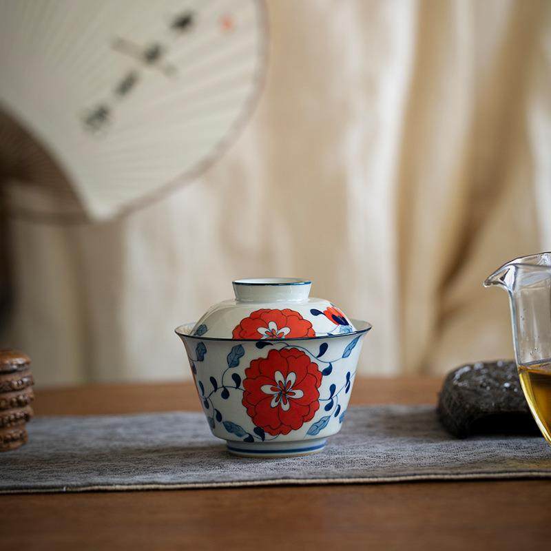 纯手绘牡丹盖碗茶杯单个陶瓷家用二才茶碗青花复古防烫茶具泡茶器,淘宝优惠券,粉丝福利购,淘宝优惠卷