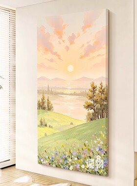 绿色山野风景肌理纯手绘油画客厅日出东方装饰画玄关走廊过道挂画