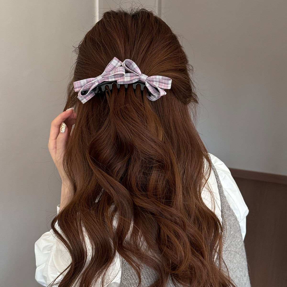韩系甜美百搭粉立体格纹双蝴蝶结香蕉夹女2026新款高马尾发夹,淘宝优惠券,粉丝福利购,淘宝优惠卷