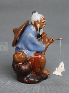 姜公太坐渔陶瓷渔翁摆件  山盆景 鱼缸造景人物水族假茶盘装饰品