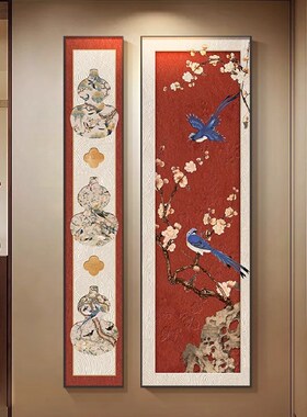 花鸟法中古画竖版入户玄关装饰风高级感图式复古走廊过道尽头挂画