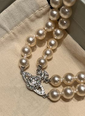 西太后双层珍珠复古中古气质镶嵌镀金满钻土星项链choker