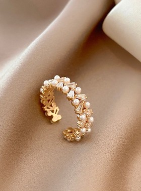 双排珍珠锆石戒指2021年新款潮时尚百搭精致网红开口Y可调节指环