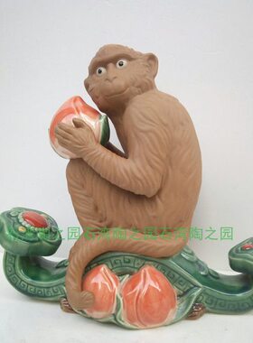 新款动物桌面石湾公仔陶瓷十二生肖如意猴子家居装饰摆件福寿双全