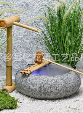 竹子阳台室内楼梯下造景假山循环水客厅入户玄关落地流水摆件流水