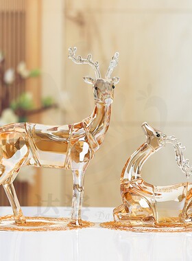 达姿水晶玻璃工艺品香槟色梅花鹿摆件创意高档送礼开业客厅装饰品
