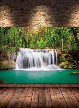 现代高清墙壁挂画单幅绿树瀑布风景 喷绘画 背景墙装饰画油画货源