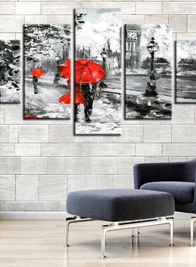 现代简约五联红色雨伞情人 喷绘画 创意沙发背景墙装饰画挂画油画